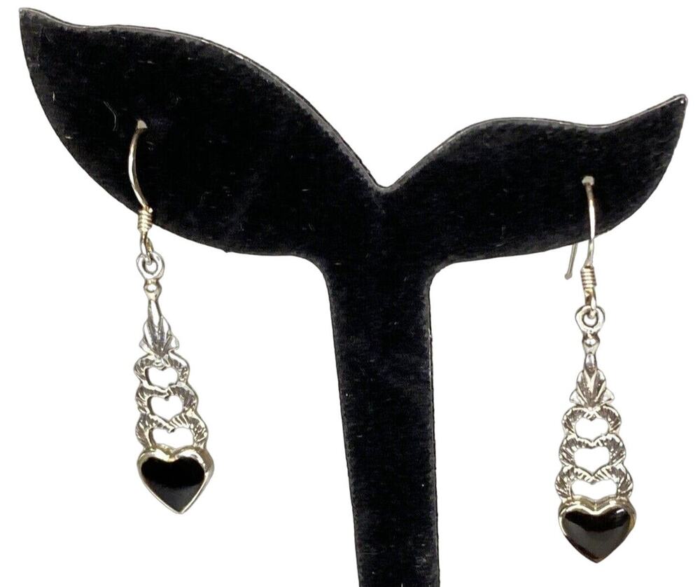 Vintage 9.25 Sterling Silver & Black Onyx Heart Drop Dangle Earrings